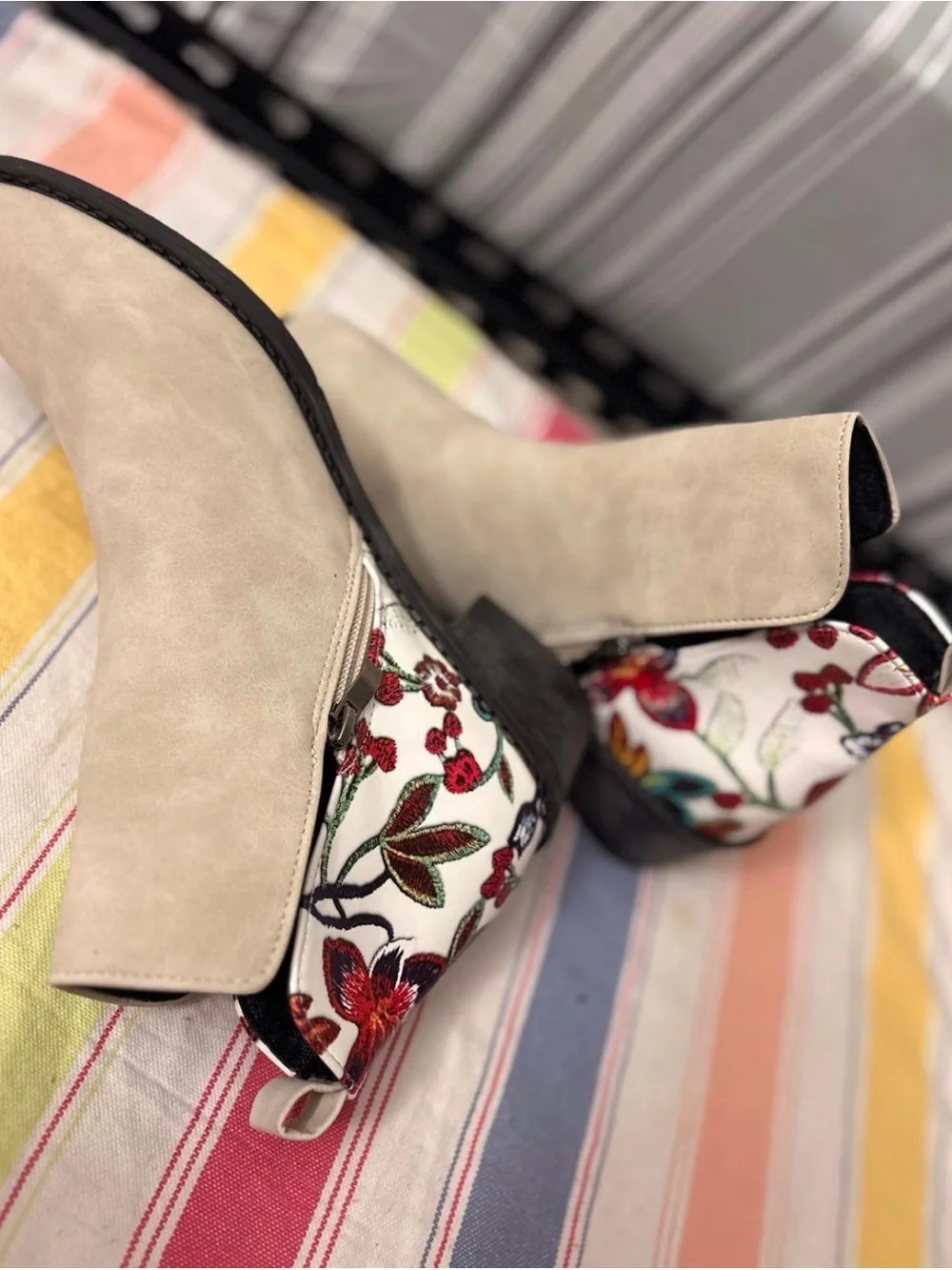 Vintage Taupe Ankle Boots with Floral Embroidered Heel